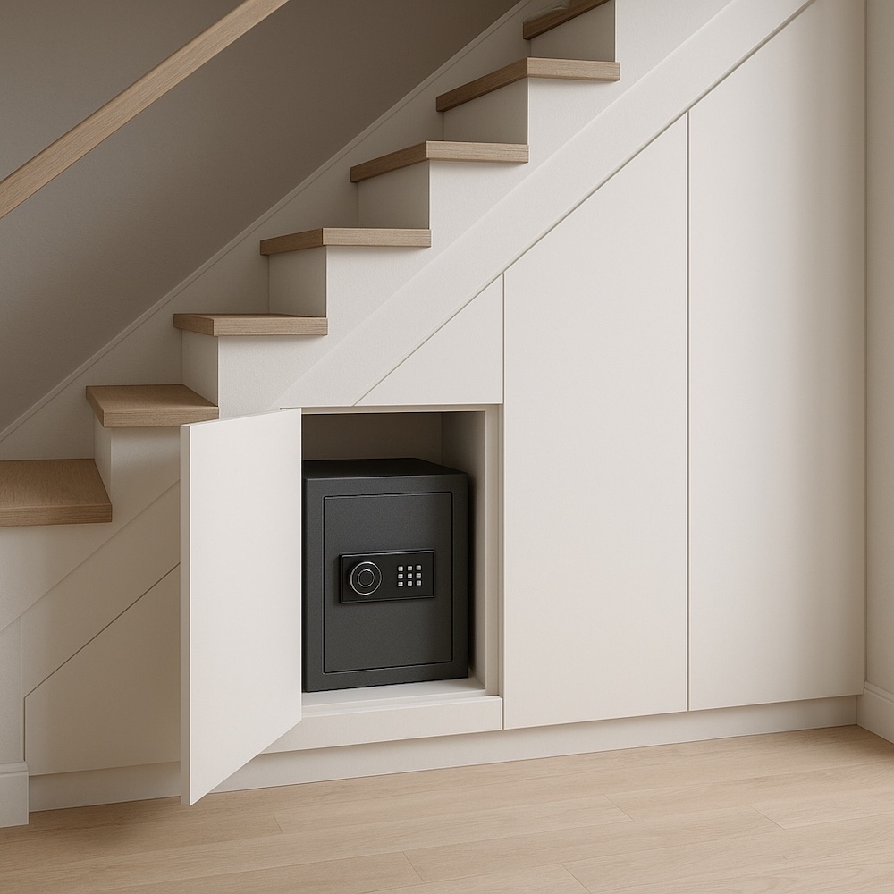 ukryty sejf w szafce pod schodami 