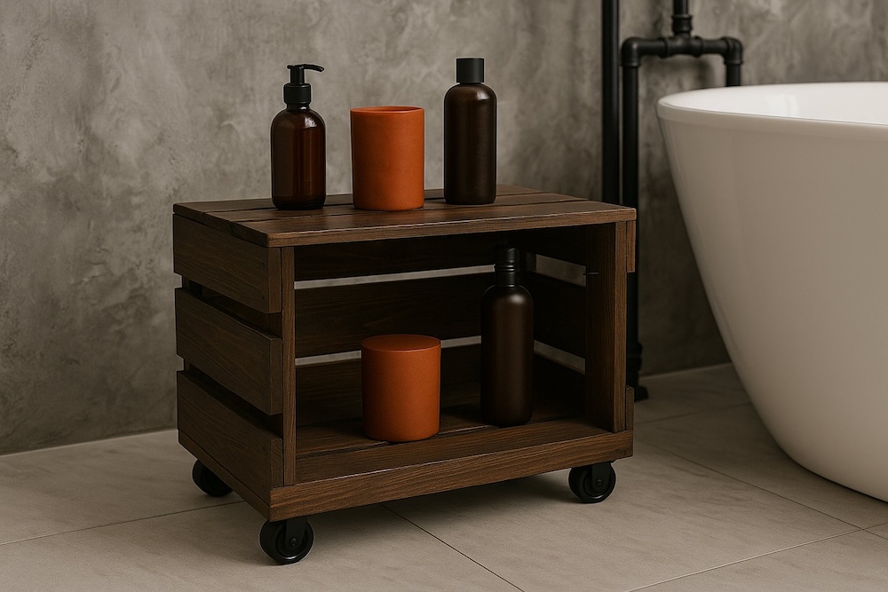 stolik na kółkach w łazience obok wanny 