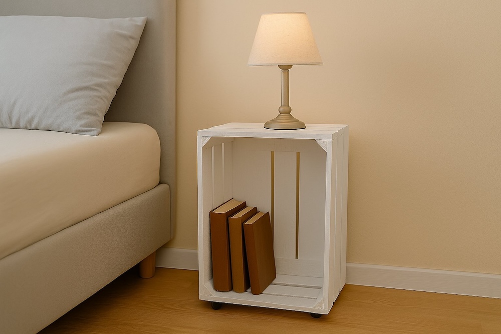 szafka nocna ze skrzynki obok łóżka 