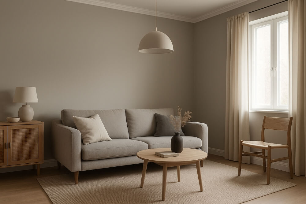 salon z szarą ścianą 