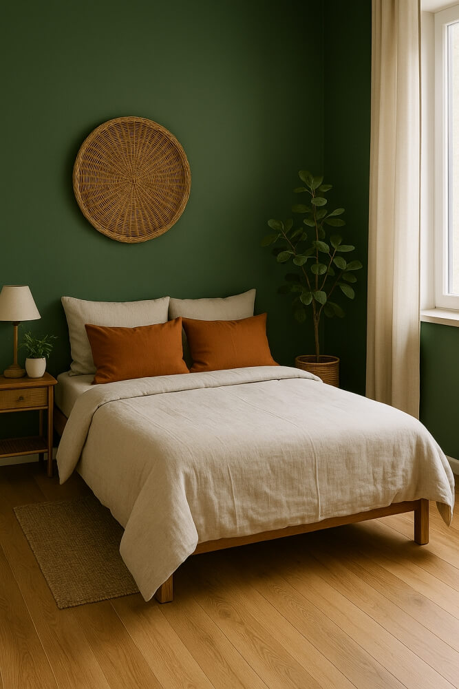 sypialnia z zieloną ścianą 