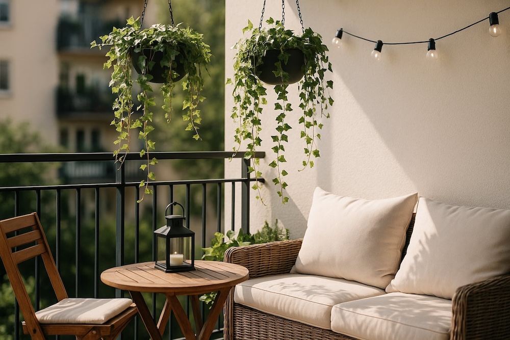 balkon z bluszczem w wiszących donicach 