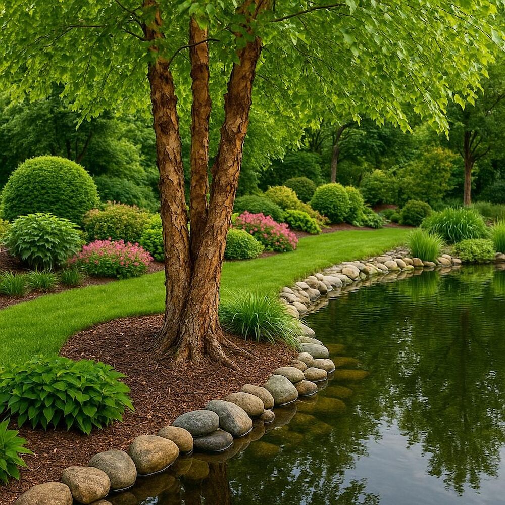 brzoza w ogrodzie nad oczkiem wodnym 