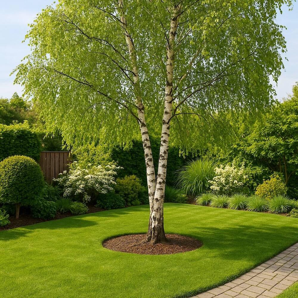 brzoza w ogrodzie na trawie 