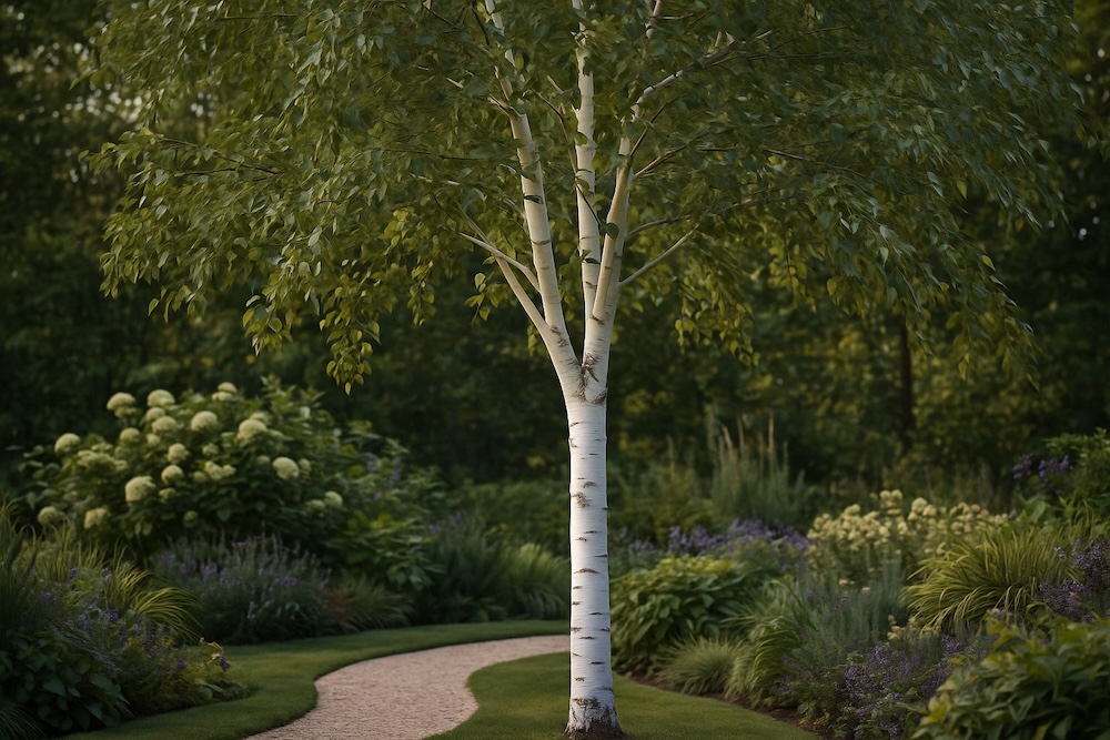 brzoza w ogrodzie z białym pniem 