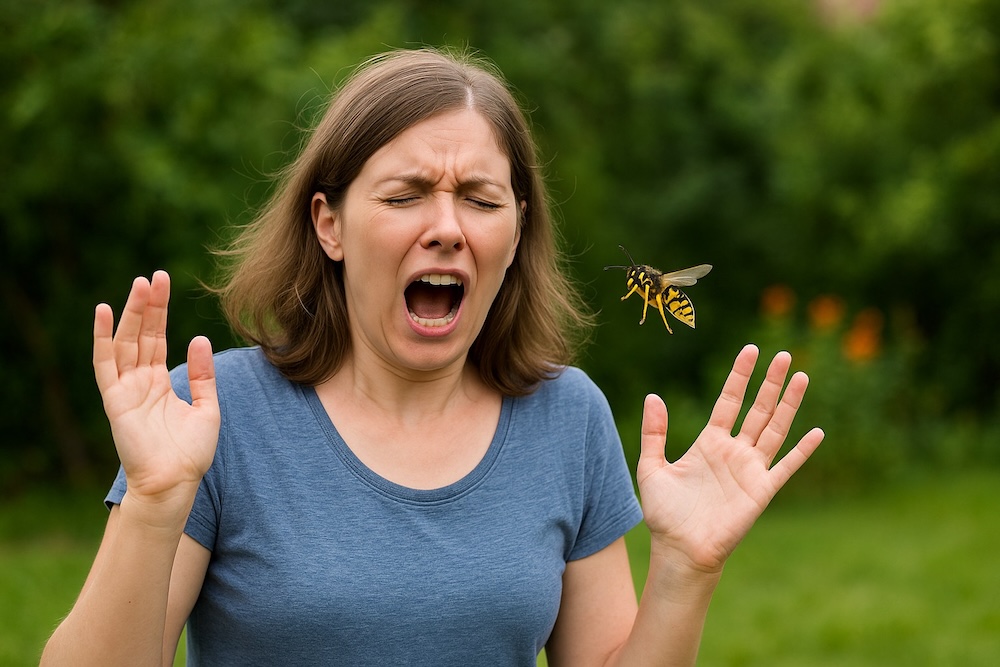 panikująca kobieta na widok osy 