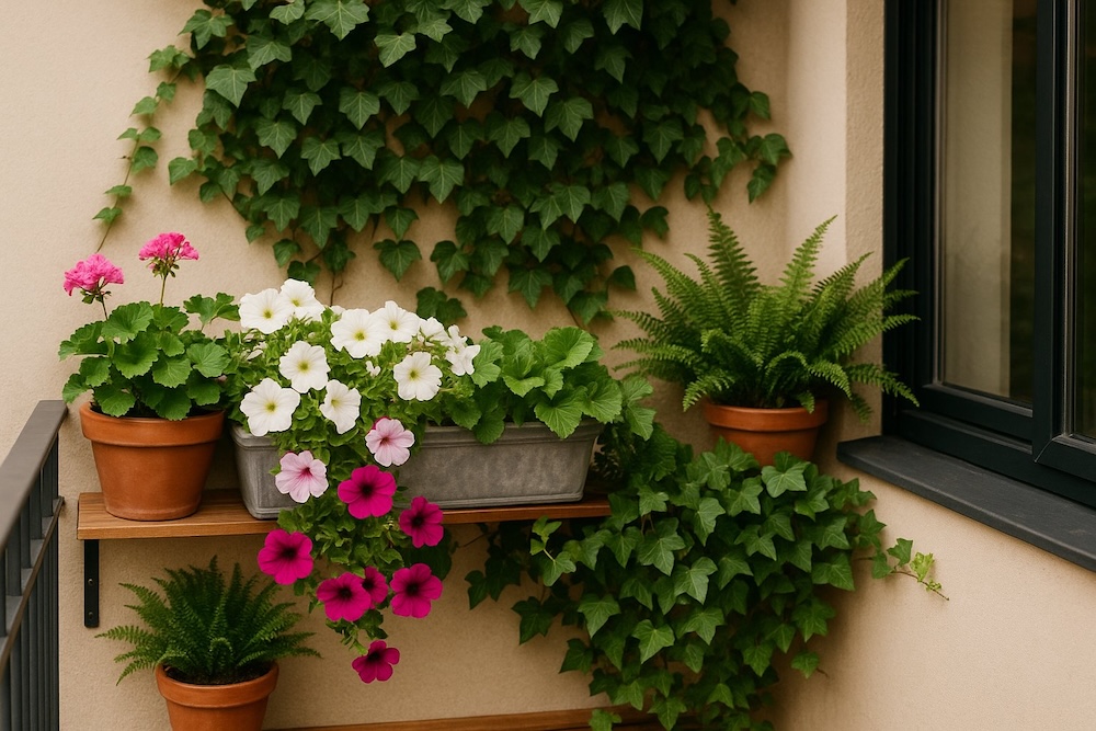 bluszcz z kwiatami na balkonie 