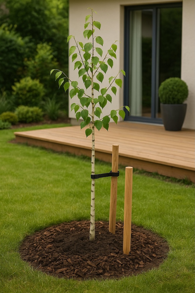 młoda brzoza podparta palikiem 