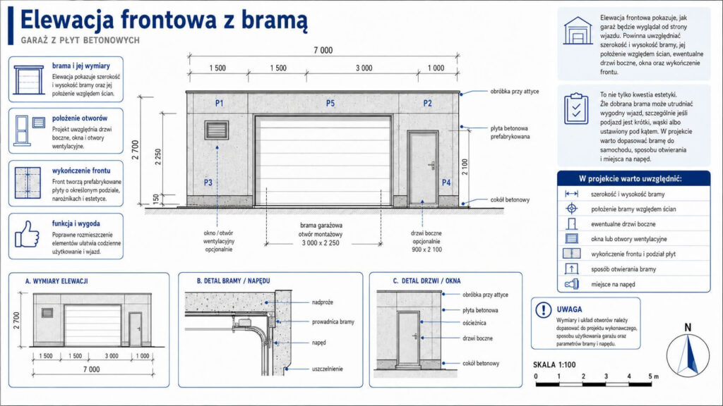 Elewacja i brama w garażu z płyt betonowych Garaż z płyt betonowych - projekt. Elewacja frontowa z bramą