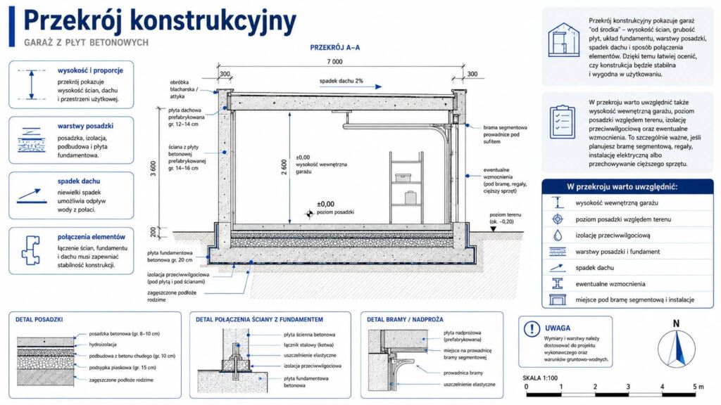 Garaż z płyt betonowych - projekt. Przekrój konstrukcyjny Przekrój konstrukcyjny garażu z płyt betonowych