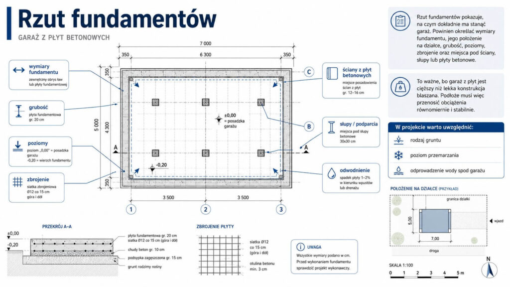 Rzut fundamentów garażu z płyt betonowych Garaż z płyt betonowych - projekt i rzut fundamentów