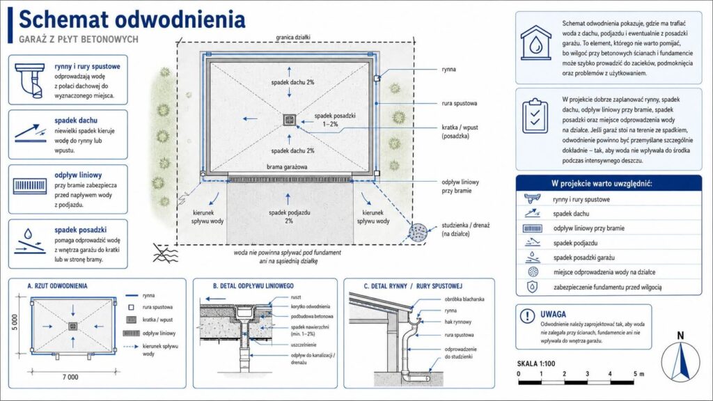 Garaż z płyt betonowych - projekt. Schemat odwodnienia Schemat odwodnienia w projekcie garażu