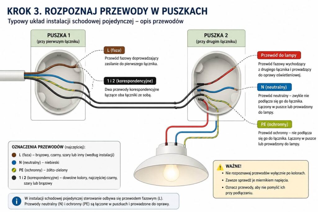 Identyfikacja przewodów w puszkach wyłącznika schodowego pojedynczego Jak podłączyć wyłącznik schodowy pojedynczy? Rozpoznanie przewodów
