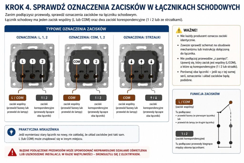 Jak podłączyć wyłącznik schodowy pojedynczy? Sprawdzenie oznaczeń zacisków Oznaczenia zacisków w łącznikach schodowych