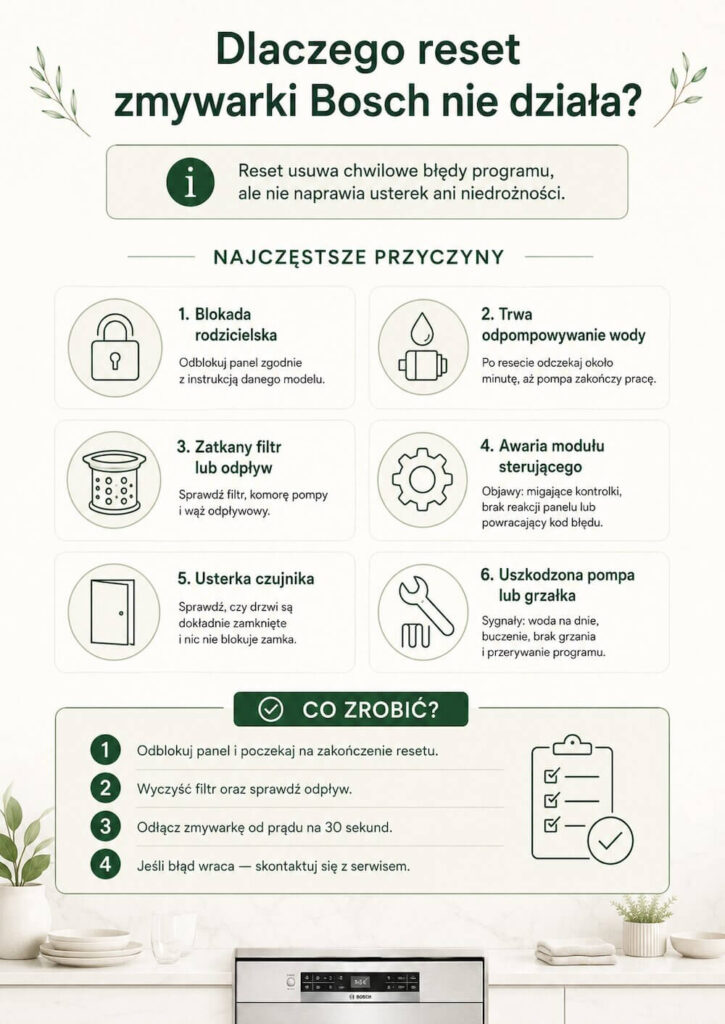Dlaczego reset zmywarki Bosch nie działa? Jak zresetować zmywarkę Bosch i kiedy może to nie pomóc?