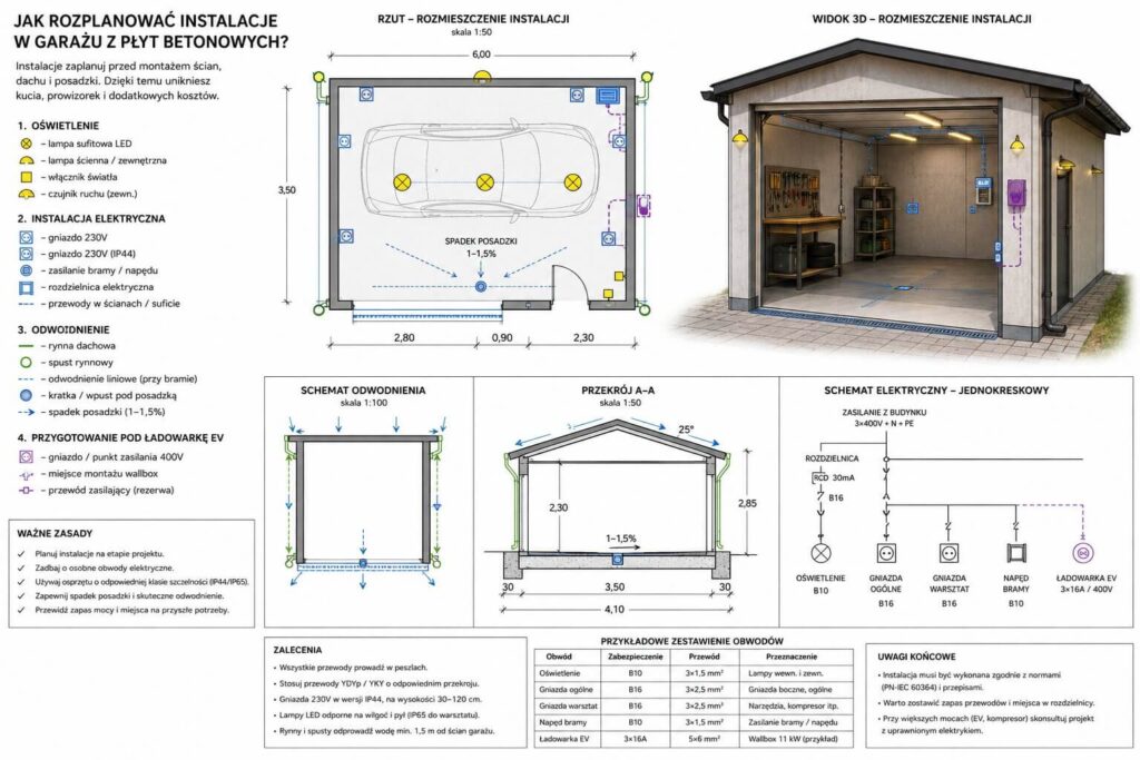 Garaż z płyt betonowych - projekt instalacji Jak rozplanować instalację w garażu z płyt betonowych?