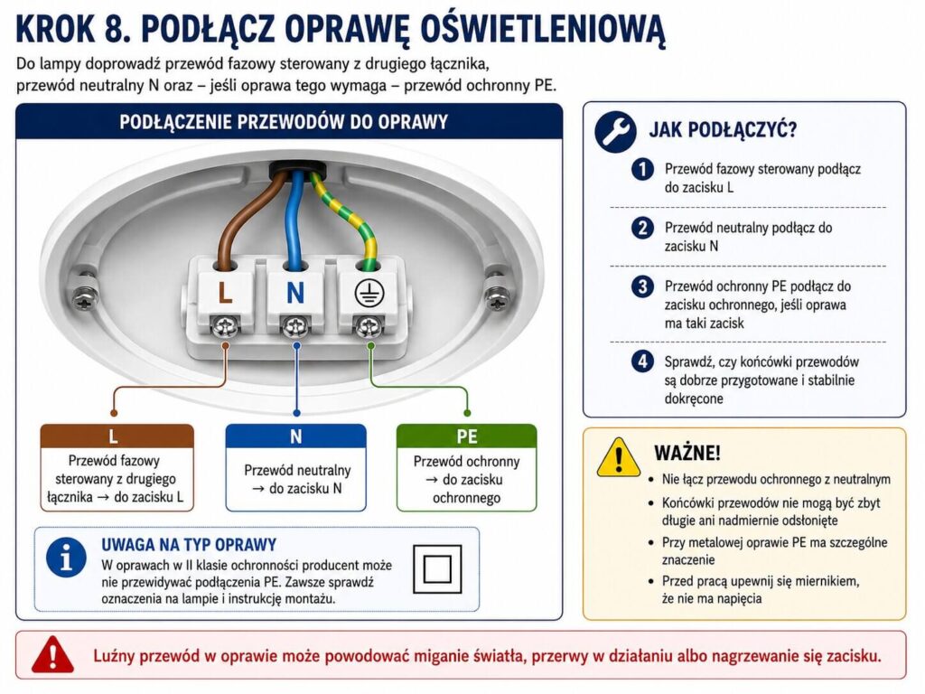 Jak podłączyć wyłącznik schodowy pojedynczy? Podłączenie źródła światła Podłączenie oprawy oświetleniowej do wyłącznika schodowego pojedynczego
