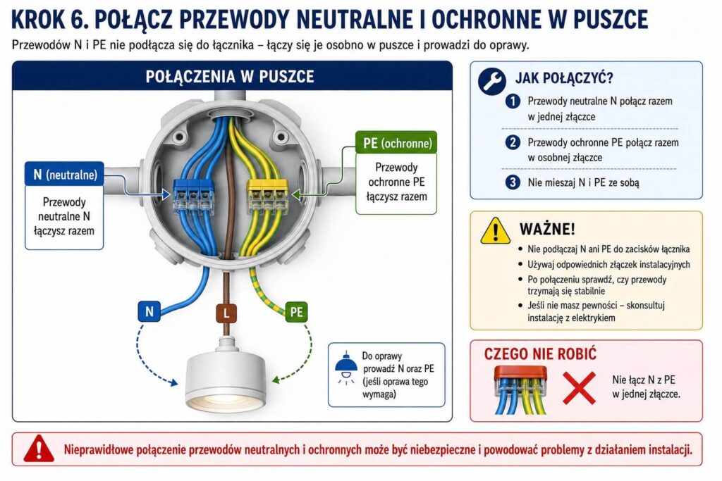 Jak podłączyć wyłącznik schodowy pojedynczy? Łączenie przewodów ochronnych i neutralnych Podłączenie przewodów neutralnych i ochronnych w puszce wyłącznika schodowego pojedynczego