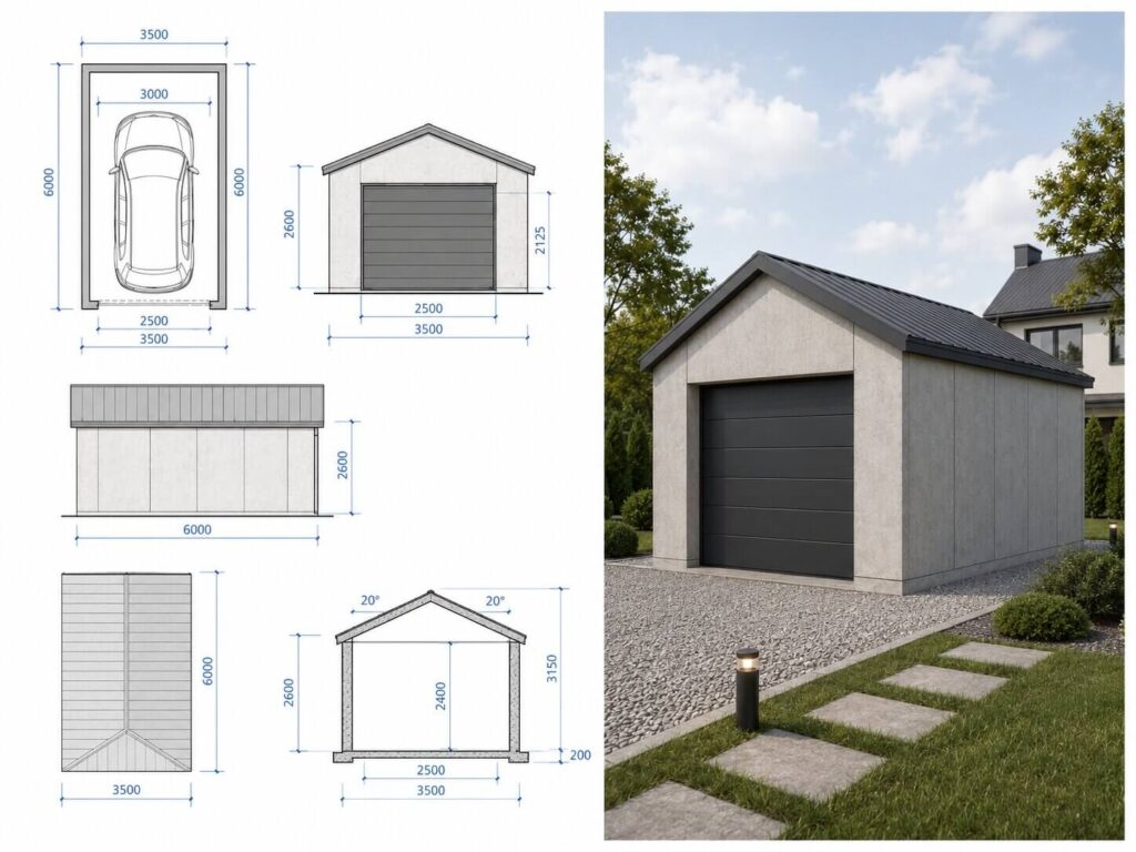 Projekt garażu 3,5x6 m z płyt betonowych Garaż z płyt betonowych - projekt. Garaż 3,5 × 6 m