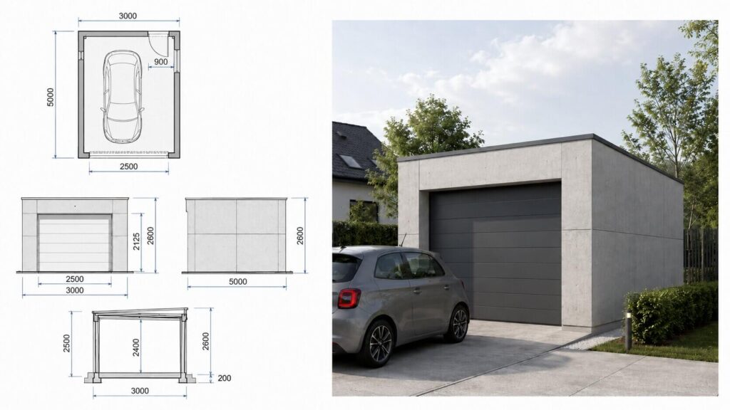 Projekt garażu 3x5 m z płyt betonowych Garaż z płyt betonowych - projekt. Garaż 3 × 5 m