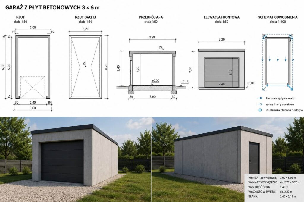 Garaż z płyt betonowych - projekt. Garaż 3 × 6 m Projekt garażu z płyt betonowych 3x6 m