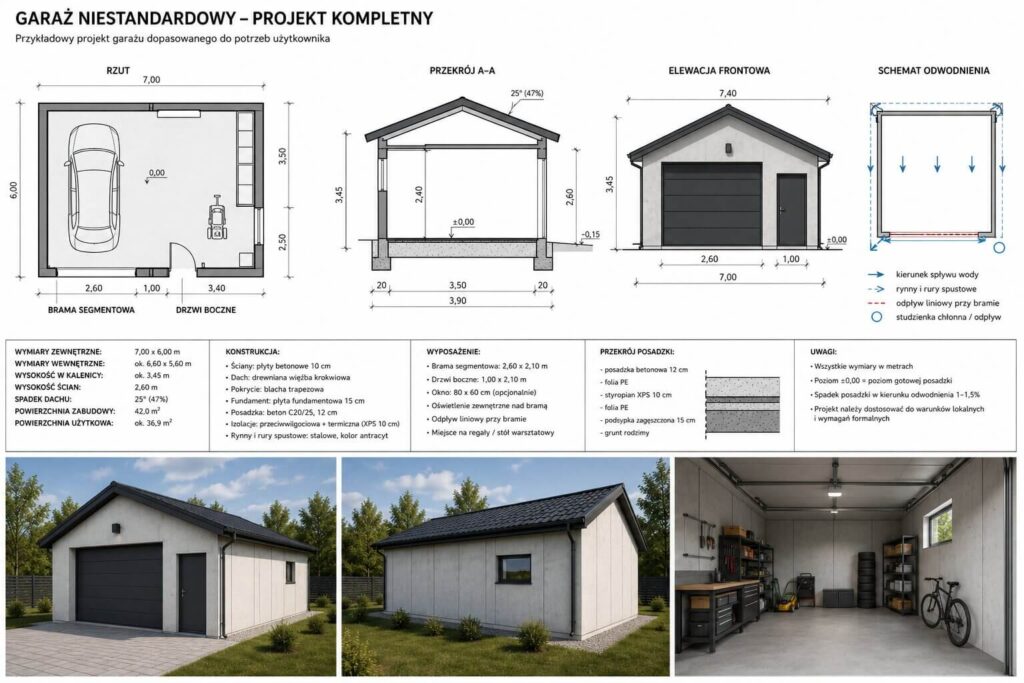 Garaż z płyt betonowych - projekt niestandardowy Garaż niestandardowy z płyt betonowych