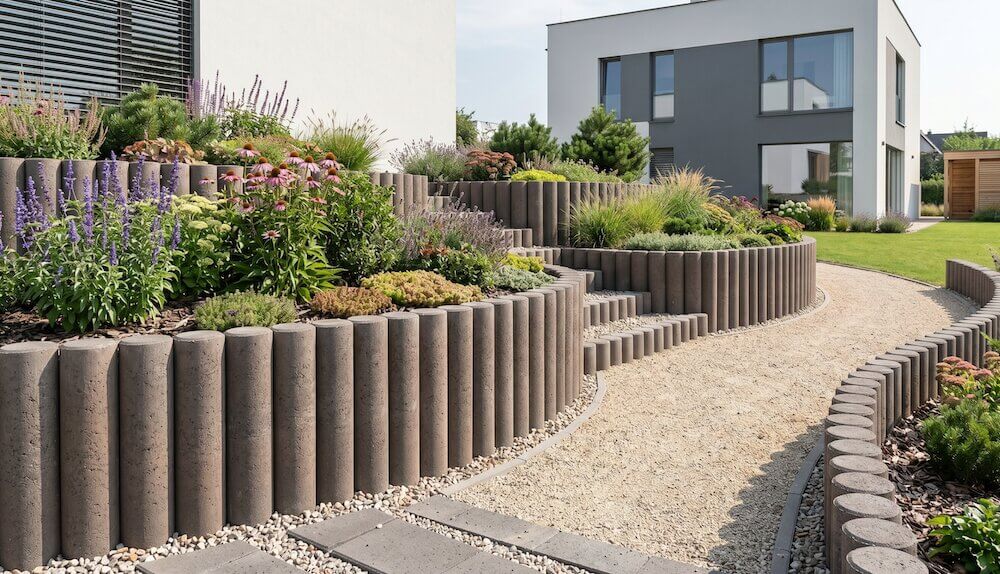 Zabezpieczenie różnicy poziomów za pomocą betonowej palisady Pomysł na murek oporowy – stopniowana palisada betonowa poprowadzona po łuku
