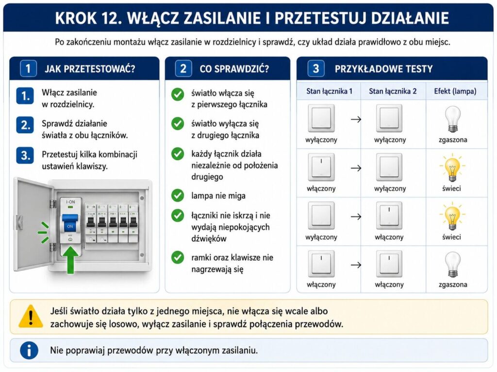 Testowanie działania wyłącznika schodowego pojedynczego Jak podłączyć wyłącznik schodowy pojedynczy? Test działania